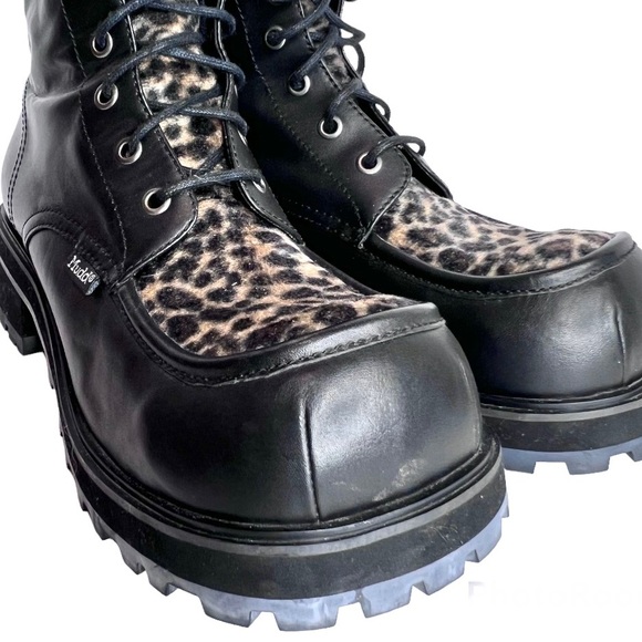 Retro Mudd Boots Combat Moto Y2K Leopard Black Genuine Leather 10 Lace Up - Picture 9 of 17